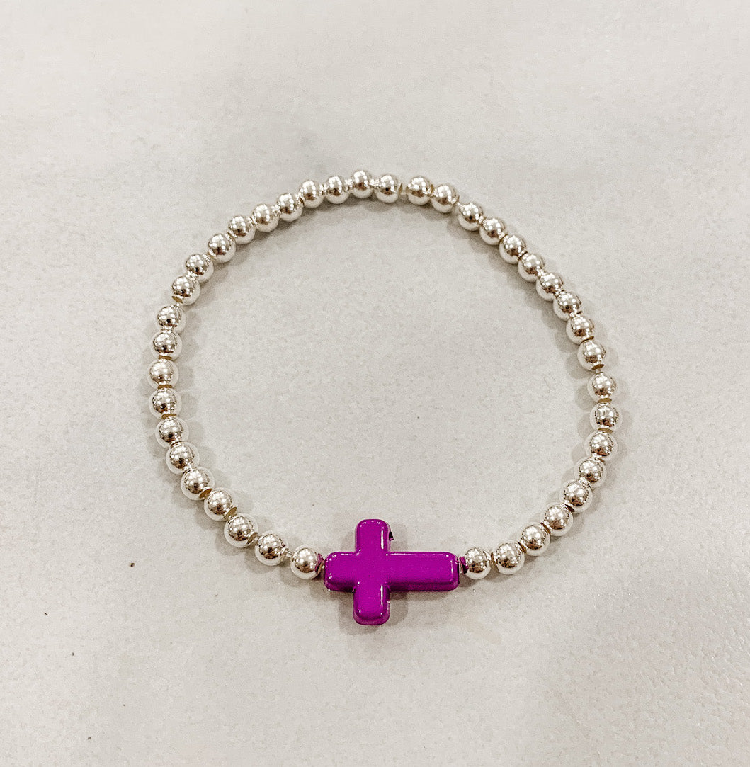 Children's Classic Silver Beaded Bracelet - Acrylic Cross