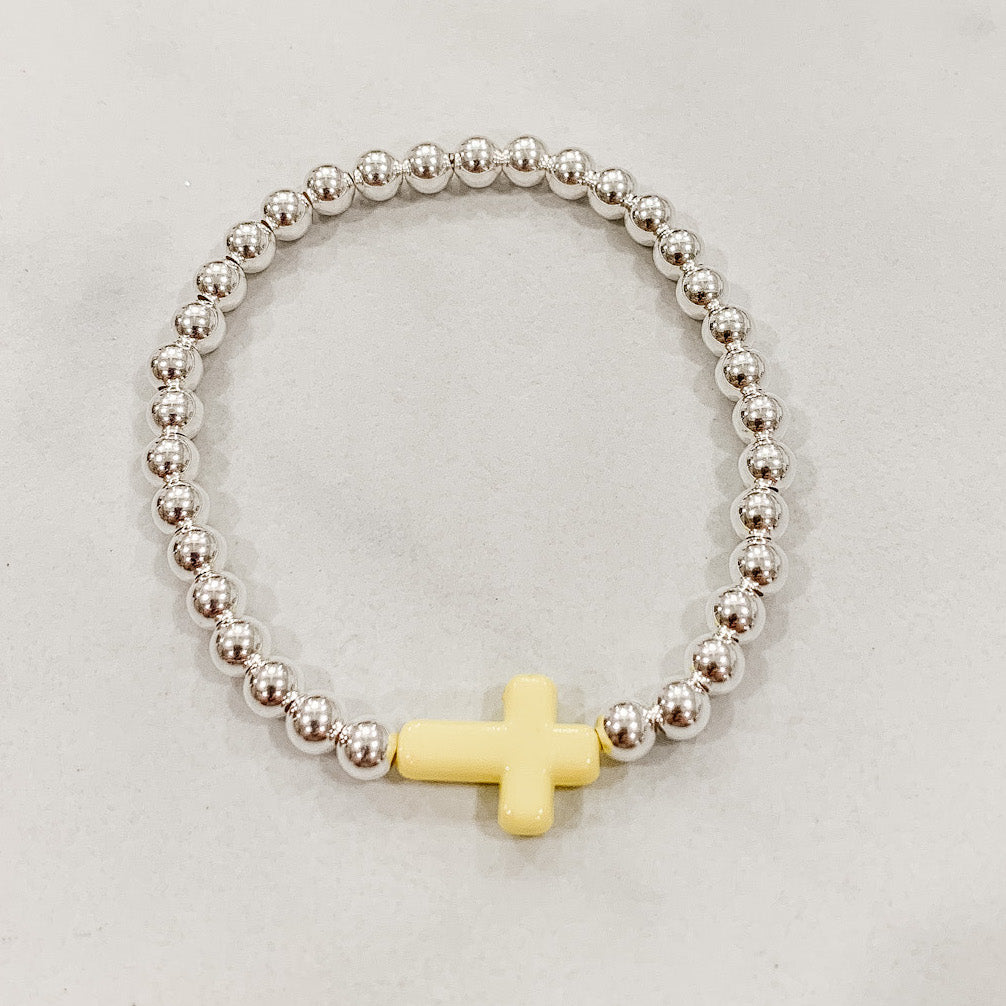 Children's Classic Silver Beaded Bracelet - Acrylic Cross