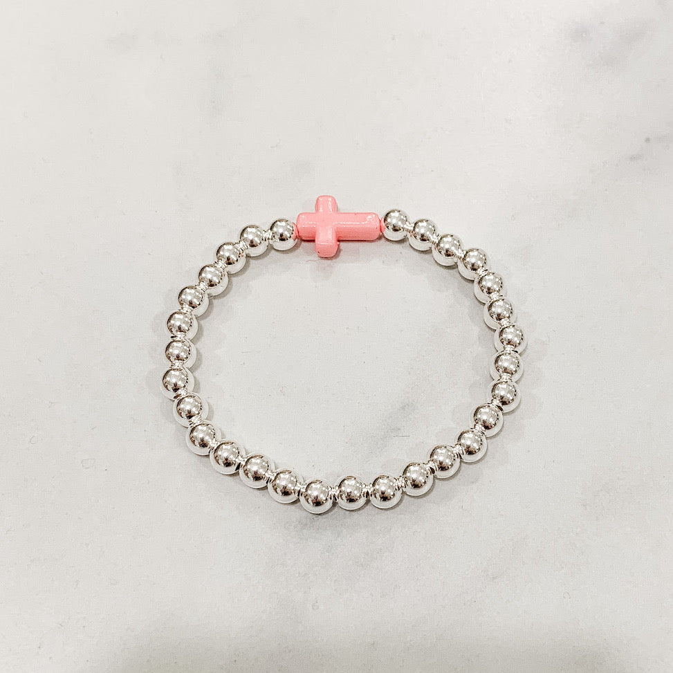 Children's Classic Silver Beaded Bracelet - Acrylic Cross
