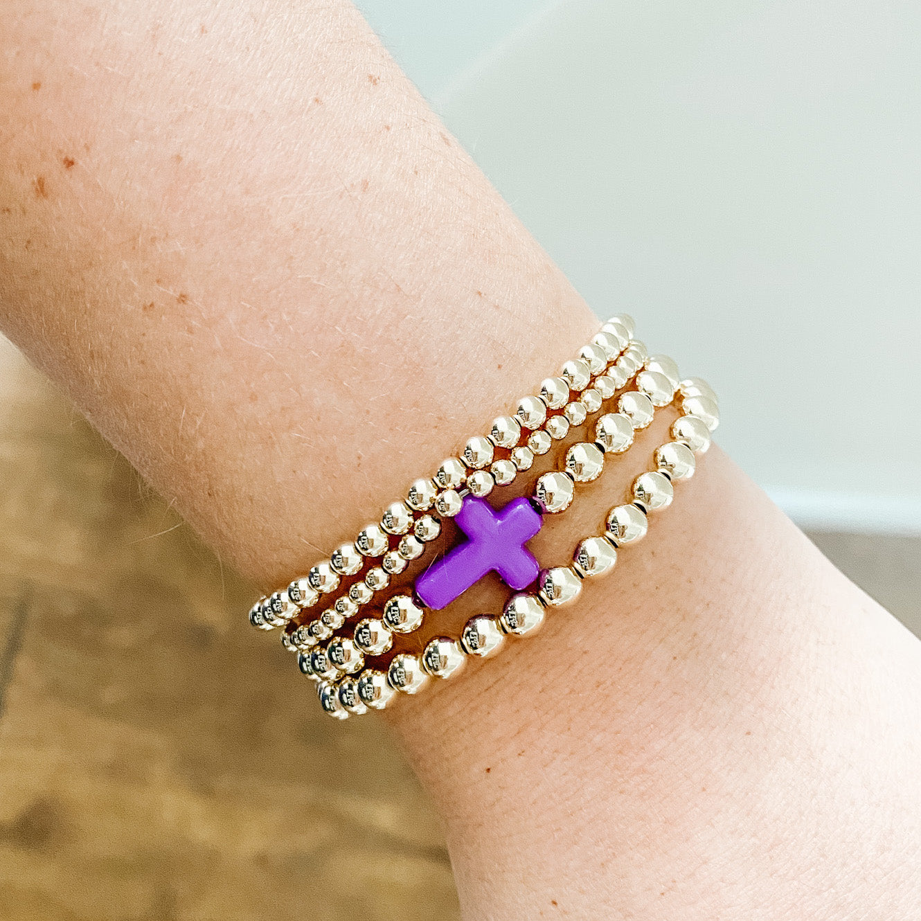 Children's Classic Gold Beaded Bracelet - Acrylic Cross