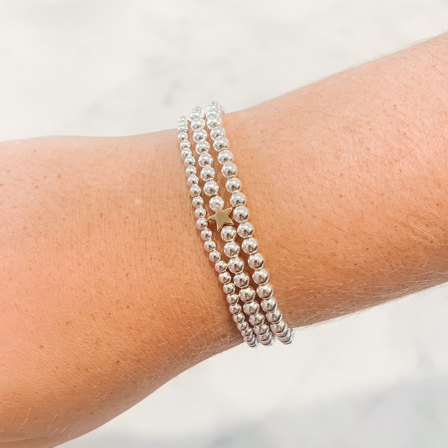 Classic Silver Beaded Bracelet - Gold Star