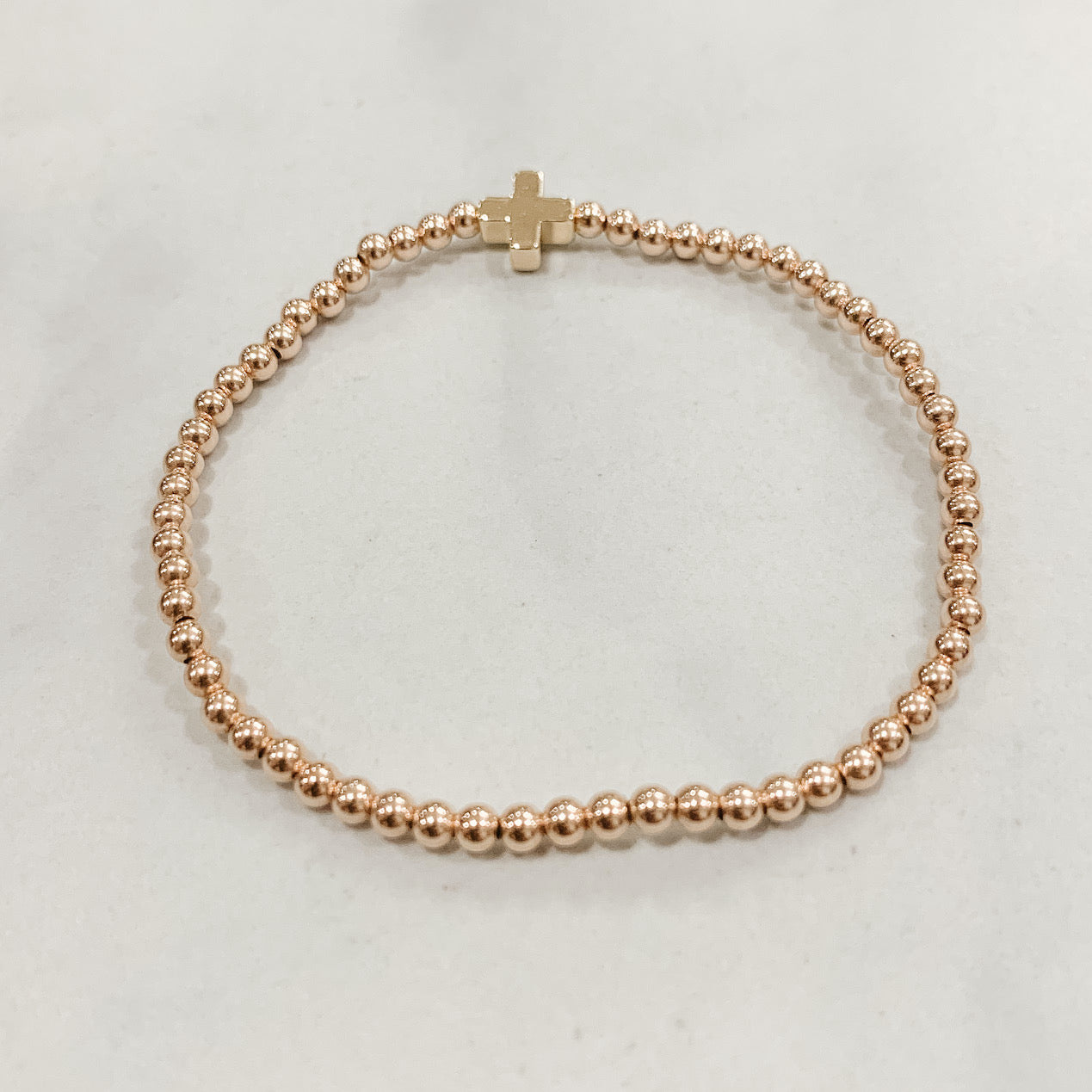 Children's Classic Rose Gold Beaded Bracelet - Gold Cross