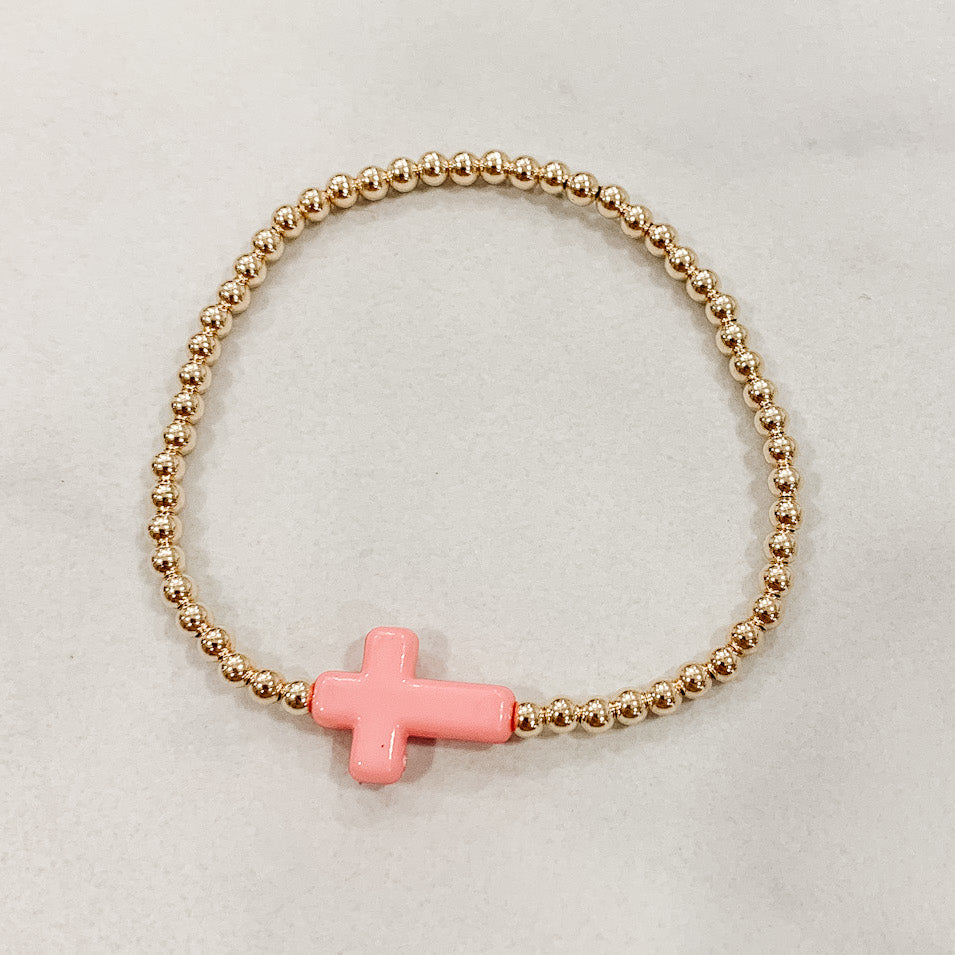 Children's Classic Gold Beaded Bracelet - Acrylic Cross