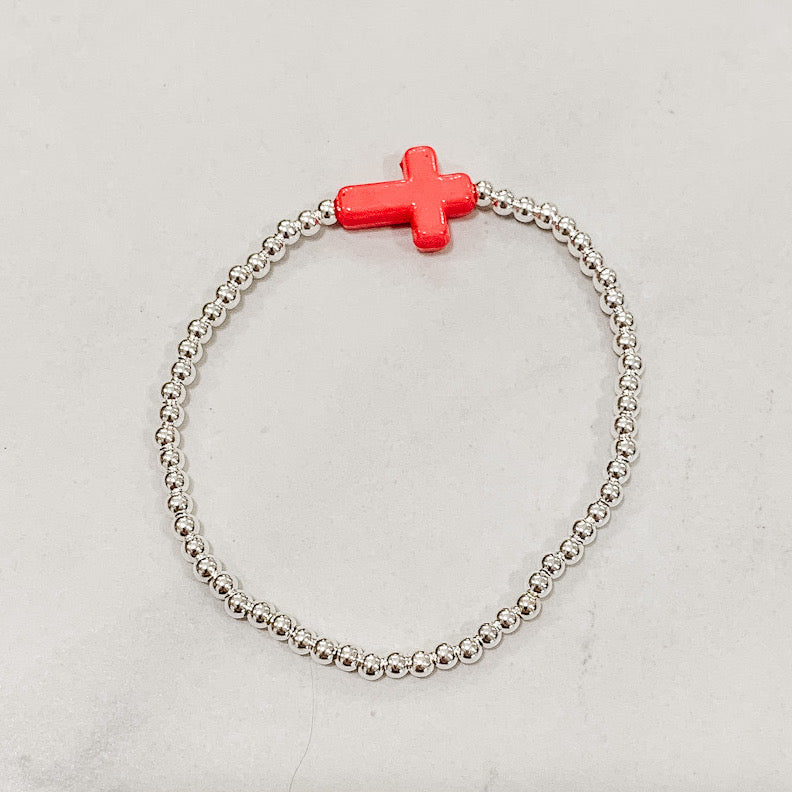 Children's Classic Silver Beaded Bracelet - Acrylic Cross