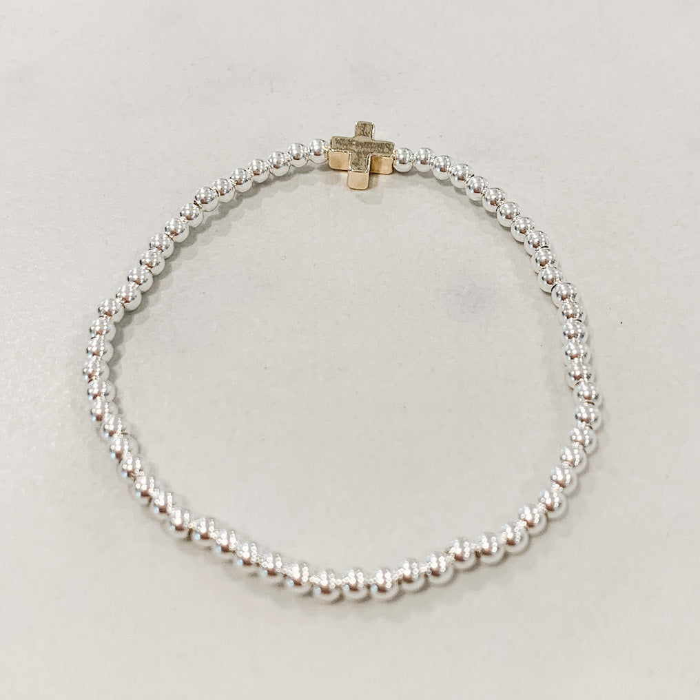 Children's Classic Silver Beaded Bracelet - Gold Cross