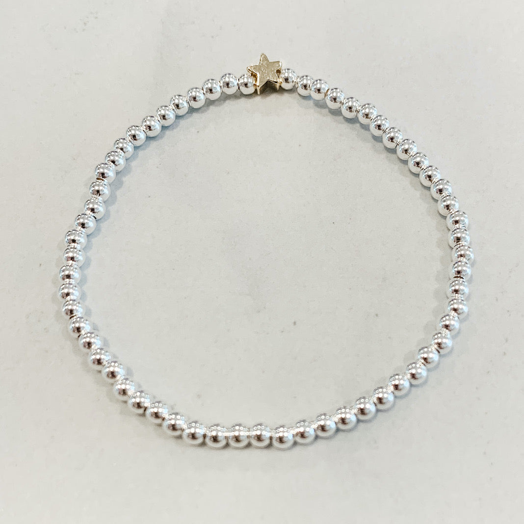 Children's Classic Silver Beaded Bracelet - Gold Star