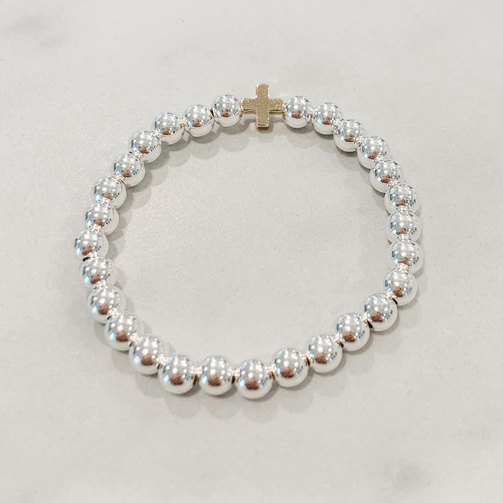 Classic Silver Beaded Bracelet - Gold Cross